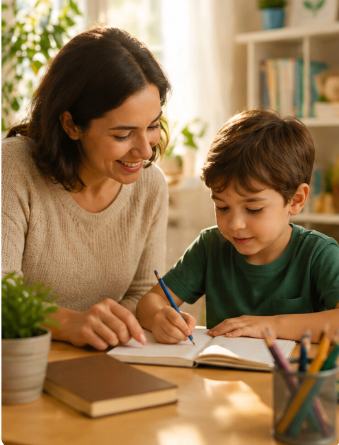 Mãe ajudando criança a escrever